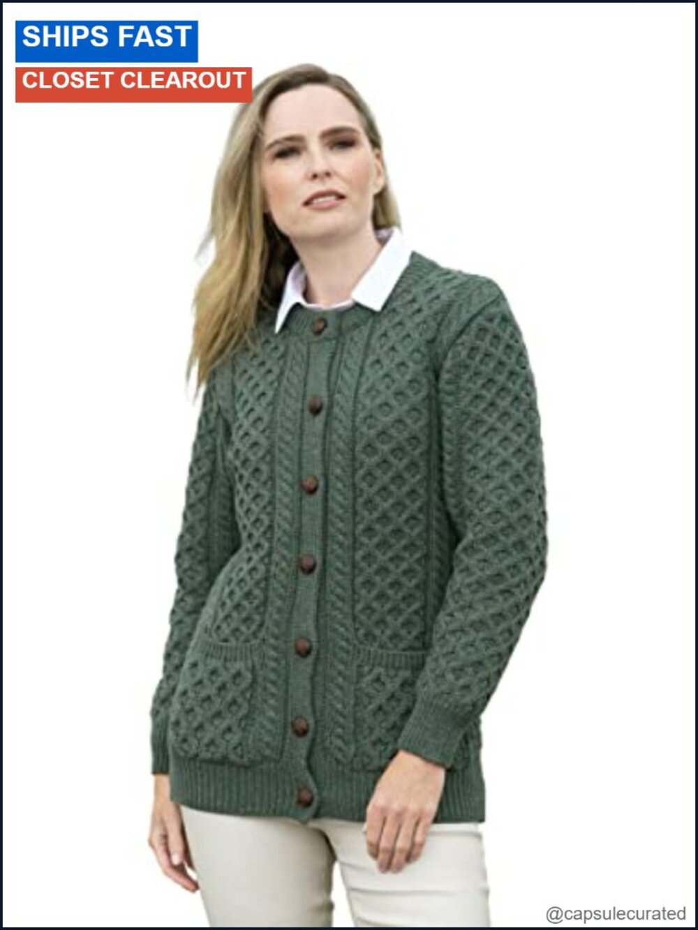 100% Merino Wool Cable Knit Buttoned Lumber Jacket Women's